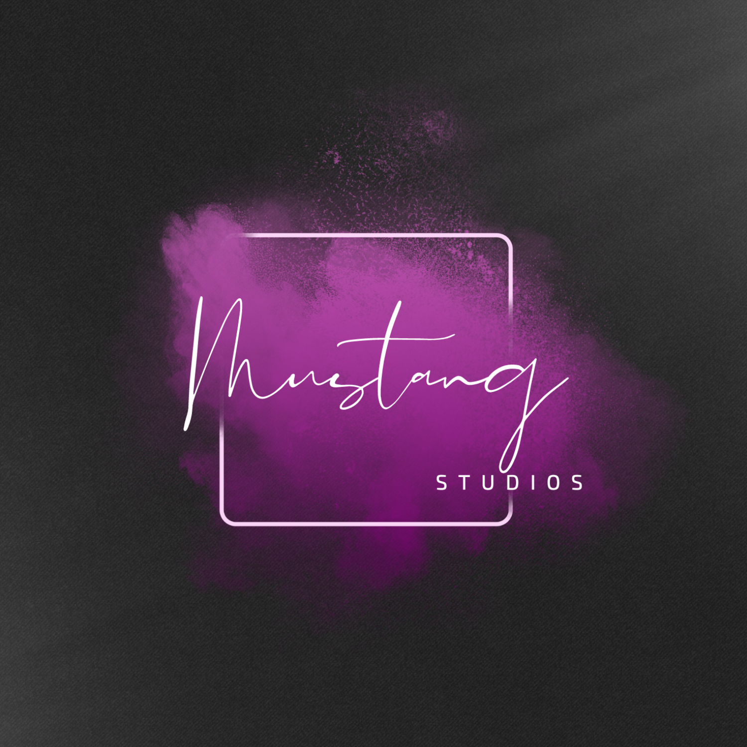 Mustang Studios logo — handwritten script over a magenta watercolour splash